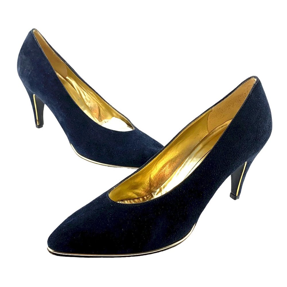 Vintage BRUNO MAGLI Navy Blue Suede Gold Trim Classic‎ Pumps